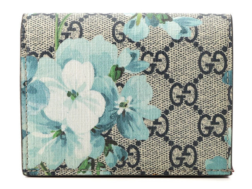 Gucci GG Blooms Bi fold Wallet Blue Beige Cream Red Leather